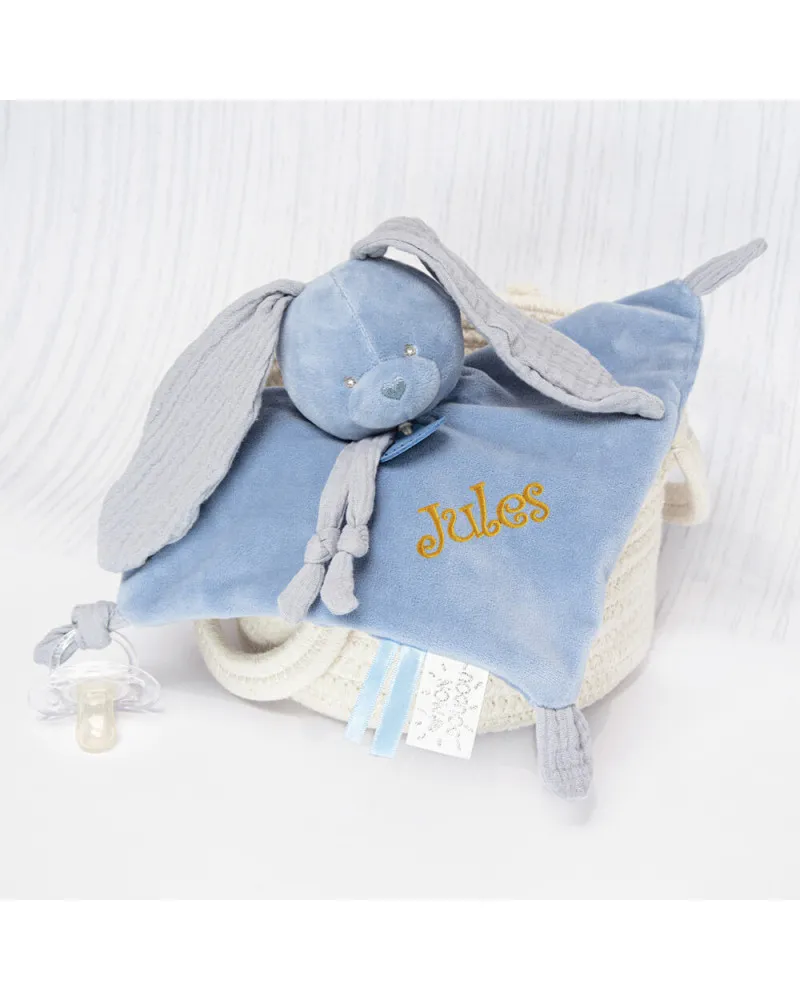 Doudou plat lapin bleu mystère personnalisé